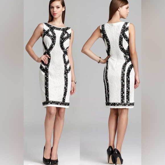 Tadashi Shoji Banded Contrast Color Block Black Ivory Lace Cocktail Dress - Picture 2 of 13
